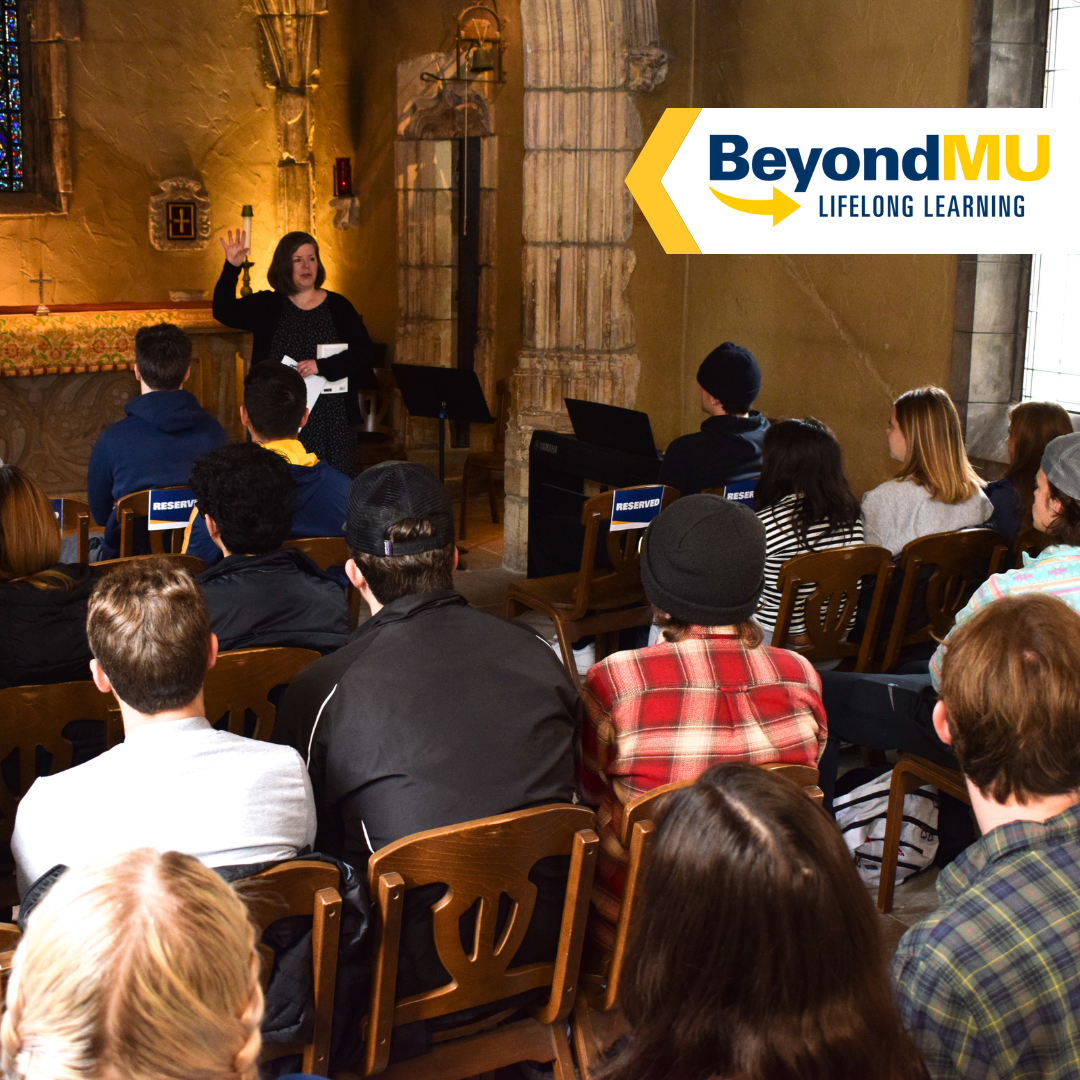 Text: BeyondMU Lifelong learning over image of St. Joan of Arc Chapel